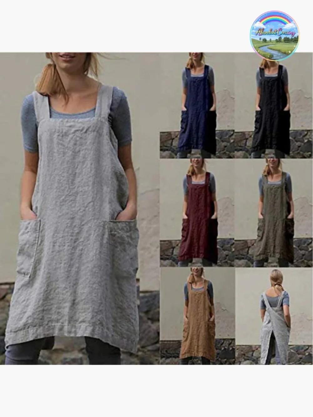 Cotton Linen Cross Back Apron with Pockets Pinafore Baking Cooking